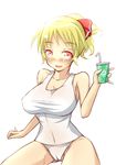 absurdres blush bow breasts cameltoe covered_nipples cup drinking_straw fang hair_bow hair_ribbon highres himenomikan large_breasts older one-piece_swimsuit open_mouth red_eyes ribbon rumia school_swimsuit shirt smile solo swimsuit taut_clothes taut_shirt touhou 