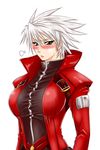  1girl arc_system_works belt blazblue blush breasts female genderswap green_eyes heterochromia large_breasts ragna_the_bloodedge red_eyes seafood_(pixiv675672) short_hair silver_hair simple_background solo trench_coat trenchcoat white_background 