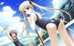  :o amatsume_akira armpits arms_up ass blonde_hair blush brown_hair chain-link_fence closed_eyes cloud day dutch_angle fence game_cg grey_eyes hair_ribbon happy hashimoto_takashi highres hose kasugano_sora leaning_forward long_hair looking_back multiple_girls one-piece_swimsuit ribbon school_swimsuit short_hair swimsuit twintails very_long_hair water wet wet_clothes yosuga_no_sora 