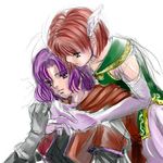  couple elbow_gloves erk fire_emblem fire_emblem:_rekka_no_ken fire_emblem_blazing_sword gloves green_eyes hand_holding hands_clasped hands_together head_wings hug hug_from_behind lowres mage priscilla_(fire_emblem) purple_eyes purple_hair red_hair sad short_hair smile 