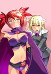  2girls aq_interactive arcana_heart arcana_heart_3 atlus blush breasts cape cleavage examu multiple_girls pantyhose red_eyes red_hair scharlachrot shorts twintails uniform weiss 