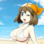  beach bikini breasts brown_hair cleavage erect_nipples gouguru haruka_(pokemon) lapras large_breasts pokemon smile swimsuit wink 