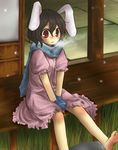  :3 animal_ears azmy_(nyanbou) barefoot black_hair breath bunny_ears gloves inaba_tewi red_eyes scarf short_hair sitting snowing solo touhou v_arms veranda 