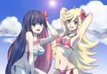  2girls armpits arms_up artist_request bare_shoulders bikini blonde_hair blush breasts cleavage cloud long_hair lowres medium_breasts multicolored_hair multiple_girls open_mouth panty_&amp;_stocking_with_garterbelt panty_(character) panty_(psg) pink_hair purple_hair smile stocking_(character) stocking_(psg) swimsuit very_long_hair 
