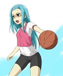  basketball bike_shorts blue_eyes blue_hair glasses hairband long_hair nagatsuka_saki open_mouth ro-kyu-bu! rou-kyuu-bu! solo sweatdrop 