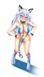  1girl absurdres animal_ears aqua_eyes black_heart blush boots bow bowtie breasts cat_ears chains collar full_body hands_on_hips highres kurozero long_hair medium_breasts navel neptune_(series) open_mouth power_symbol sweat swimsuit symbol-shaped_pupils very_long_hair white_hair wristband 