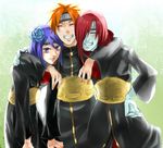  1girl 2boys azumaya blue_eyes blue_hair blue_skin cloak flower gon_(er4gu3) headband konan multiple_boys nagato nagato_(naruto) naruto naruto_shippuuden orange_hair pixiv_thumbnail red_hair resized smile yahiko yahiko_(naruto) 