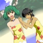  2girls arm arms bare_shoulders beach black_eyes black_hair crossover dark_skin dress dutch_angle female flat_chest green_hair hand_on_shoulder hands_on_shoulder happy jewelry macross macross_frontier macross_zero mao_nome mountain multiple_girls necklace open_mouth ranka_lee red_eyes short_hair sky small_breasts smile strapless strapless_dress summer_dress sundress 