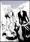  2boys abs arrancar bandage bleach blood espada grimmjow_jaegerjaquez hand_holding holding_hands hollow japanese_clothes katana kurosaki_ichigo monochrome multiple_boys short_hair skull sword torn_clothes weapon 