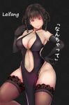  1girl black_background black_gloves black_hair black_panties braid breasts brown_eyes china_dress chinese_clothes cleavage closed_mouth collarbone dead_or_alive dress elbow_gloves gloves hand_on_hip highres large_breasts latex latex_dress latex_gloves lei_fang looking_at_viewer mobius_(pixiv1039246) navel o-ring o-ring_top panties pelvic_curtain revealing_clothes simple_background smile solo thighhighs thighs twin_braids underwear 