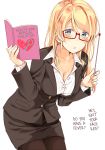  10s 1girl :o ayase_eli black_legwear black_skirt blonde_hair blue_eyes blush book breasts cleavage collarbone collared_shirt commentary_request downblouse formal glasses hair_down hard_translated holding holding_book leaning_forward long_hair long_sleeves love_live! love_live!_school_idol_project mars_symbol mogu_(au1127) office_lady open_book open_mouth pantyhose pencil_skirt pinstripe_pattern pointer semi-rimless_eyewear shirt simple_background skirt skirt_suit solo standing striped suit teacher translated under-rim_eyewear venus_symbol white_background 