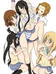  5girls akiyama_mio barefoot black_hair blonde_hair blue_bra blue_panties blush bra brown_hair feet foot_tickling green_eyes hairband hirasawa_yui k-on! kotobuki_tsumugi long_hair multiple_girls nakano_azusa panties school_uniform serafuku short_hair striped striped_bra striped_panties tainaka_ritsu tears tickling toes twintails underwear 