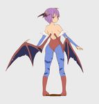  1girl ass back bare_shoulders boots capcom detached_sleeves head_wings leotard lilith_aensland looking_back pantyhose patterned_legwear print_legwear print_pantyhose purple_hair red_eyes short_hair simple_background solo standing vampire_(game) wings 