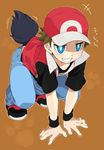  1boy agemono animal_ears baseball_cap blue_eyes boy brown_hair bulge grin kneeling looking_at_viewer pokemon red_(pokemon)_(cosplay) shota simple_background solo squatting tail transformation zorua 