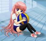  1girl ball black_legwear black_thighhighs bloomers blue_eyes blush buruma gym_uniform hakamada_hinata indoors long_hair looking_at_viewer open_mouth pink_hair ro-kyu-bu! rou-kyuu-bu! sitting smile solo thighhighs underwear 