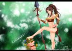  :o anklet barefoot blush bracelet breasts brown_eyes brown_hair cheng chinese cleavage earrings facial_mark forehead_mark high_ponytail highres jewelry league_of_legends letterboxed loincloth long_hair long_legs medium_breasts midriff navel necklace nidalee polearm ponytail signature spear teemo trample translated watermark weapon web_address 