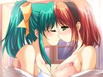  2girls blush bra emily emily_(artist) emily_(pure_dream) escalation_~kuruai_no_fugue~ eyes_closed green_eyes green_hair kiss kissing komatsuzaki_rie love multiple_girls oomori_midori ponytail red_hair ribbon rolling_star school_uniform seifuku short_hair smile underwear yukkuri-panic-escalation yuri 