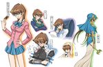  blue_eyes bow breasts brown_hair card chair female genderswap highres kaiba_seto multiple_persona phone school_uniform skirt yu-gi-oh! yuu-gi-ou_duel_monsters 