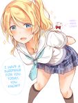  1girl :d aqua_neckwear arms_behind_back ayase_eli bag behind_back black_legwear blue_skirt blush breasts cleavage commentary_request cookie food hair_between_eyes hair_ornament hair_scrunchie hard_translated kneehighs leaning_forward love_live! love_live!_school_idol_project miniskirt mogu_(au1127) neckerchief open_mouth plaid plaid_skirt pleated_skirt ponytail school_uniform scrunchie serafuku shirt short_sleeves sidelocks skirt smile solo sparkle tie_clip translated v-shaped_eyebrows white_background white_scrunchie white_shirt 