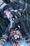  1girl ass black_hair bodysuit brown_eyes combat_knife cyborg disembodied_head from_behind from_below gally gunnm holding holding_weapon knife looking_at_viewer mechanical_arms rain reverse_grip science_fiction serious shopyun short_hair skin_tight solo_focus weapon 