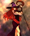  detached_sleeves dragon's_crown dress egawa_satsuki hat hat_over_one_eye long_hair red_eyes red_hair side_slit solo sorceress_(dragon's_crown) staff strapless strapless_dress witch_hat 
