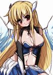  :&gt; angel_wings artist_request astraea blonde_hair breasts cleavage highres red_eyes sitting sketch skirt smile solo sora_no_otoshimono wings 