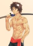  1boy adonis_belt b_gent bakemono_no_ko closed_mouth kyuuta_(bakemono_no_ko) male_focus navel nipples over_shoulder shirtless simple_background solo standing sword sword_over_shoulder toned toned_male weapon weapon_over_shoulder 