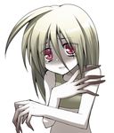  1girl :( ahoge blonde_hair bust claws crying frown left_4_dead long_hair looking_at_viewer midriff pale_skin red_eyes silver_hair simple_background solo tears upper_body white_background witch_(left4dead) 