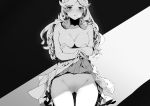  1girl blush breasts breath character_request cleavage dress dress_lift dress_pull granblue_fantasy greyscale highres horns long_hair looking_at_viewer medium_breasts monochrome navel no_panties no_pussy parted_lips solo two-cat-walk wavy_hair 