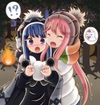  !? 2girls blue_hair blush campfire commentary_request eyes_closed ghost jacket kagamihara_nadeshiko multiple_girls open_mouth pink_hair prank purple_eyes scarf shima_rin spoken_ghost spoken_interrobang startled tree trembling variangel yuri yurucamp 