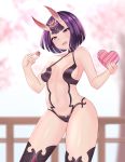 1girl :d absurdres bangs blunt_bangs breasts breasts_apart collarbone commentary contrapposto cowboy_shot eyeshadow fangs fate/grand_order fate_(series) forehead_jewel gradient_horns half-closed_eyes hands_up head_tilt highres holding looking_at_viewer makeup medium_breasts navel oni_horns open_mouth purple_eyes purple_hair red_eyeshadow red_horns revealing_clothes short_eyebrows short_hair shuten_douji_(fate/grand_order) sideboob smile solo standing thick_eyebrows w_arms 
