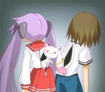  1girl :3 animal_ears bad_id bad_pixiv_id baka_to_test_to_shoukanjuu bow brown_hair cosplay crossover hair_bow hiiragi_kagami katou_emiri kigurumi kinoshita_hideyoshi kyubey long_hair lucky_star mahou_shoujo_madoka_magica miri_q otoko_no_ko purple_hair ryouou_school_uniform school_uniform seiyuu_connection serafuku tail twintails unzipped zipper 