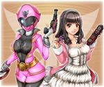  1girl ahim_de_famille black_hair breasts cellphone corset covered_nipples curvy dress gokai_pink gun kaizoku_sentai_gokaiger large_breasts medium_breasts phone see-through sentai skin_tight super_sentai sword weapon 