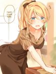  1girl :d apron ayase_eli blonde_hair blue_eyes blush bow breasts brown_apron brown_bow brown_shirt cleavage cloth collarbone commentary_request eyebrows_visible_through_hair hair_between_eyes hair_bow hard_translated leaning_forward love_live! love_live!_school_idol_project mogu_(au1127) notice_lines open_mouth shirt smile solo striped striped_shirt translated wiping 