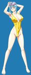  1girl armpits arms_behind_head barefoot blue_background breasts dragon_ball goggles goggles_on_head highleg highleg_swimsuit highres impossible_clothes impossible_swimsuit large_breasts legs_apart looking_at_viewer maron_(dragon_ball) nipples noriheita simple_background smile solo swimsuit 