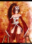  absurdres akali blood_moon_akali blush breasts brown_hair cheng cleavage high_ponytail highres japanese_clothes leaf league_of_legends long_hair medium_breasts ponytail red_eyes sleeves_past_wrists solo thighhighs very_long_hair weapon 