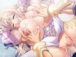  1boy 1girl blush breast_grab breast_squeeze breasts censored clothed_sex cum cum_explosion cum_in_pussy cum_inside cum_on_body cum_on_breasts cum_on_upper_body eyes_closed game_cg grabbing huge_breasts kyonyuu_fantasy luceria_von_diamante nipples penis princess pussy pussy_juice saliva sex tears thighhighs vaginal waffle 