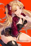  1girl absurdres arm_between_legs arm_support asymmetrical_legwear bangs between_breasts black_legwear blonde_hair bow breasts chin_grab detached_collar earrings ereshkigal_(fate/grand_order) fate/grand_order fate_(series) highres hoop_earrings jewelry long_hair looking_at_viewer medium_breasts microskirt open_mouth parted_bangs purple_bow red_background red_eyes shrug_(clothing) single_thighhigh sitting skindentation skirt solo_focus thigh_strap thighhighs two_side_up very_long_hair wumumu 