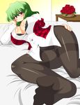  akasode_(tyaramu) bed bra breasts chyaramu cleavage curvy feet female green_hair highres hips huge_breasts kazami_yuuka legs lying on_side panties pantyhose red_eyes shirt short_hair smile thick_thighs thighs toes touhou underwear wide_hips youkai 