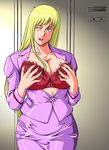  1girl akimoto_katherine_reiko blazer blonde_hair bra breast_hold breast_squeeze breasts cleavage formal garakuta-ya green_eyes highres huge_breasts kochikame large_breasts lingerie locker long_hair long_nails nail_polish open_clothes open_shirt red_bra shirt solo standing tongue tongue_out underwear undressing wink 