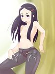  black_hair cum cum_on_clothes flat_chest hair_ornament hairclip kaibutsu_oujo kokuryuuki long_hair nakua nipples pantyhose 