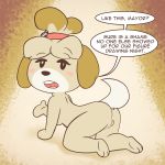  2018 animal_crossing blush breasts canid canine canis dialogue domestic_dog english_text female isabelle_(animal_crossing) mammal monochrome nintendo nude open_mouth presenting presenting_pussy pussy sepia solo speech_bubble text tvma video_games 