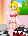  blonde_hair blue_eyes chain_chomp crown earrings elbow_gloves garter_belt garters inviting lingerie nintendo photoshop ponytail princess_peach super_mario 