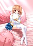  1girl amane_sou arcueid_brunestud bed blonde_hair feet heart legs no_shoes pillow plaid short_hair sitting solo stockings stuffed_animal stuffed_toy tartan teddy_bear thighhighs tsukihime white_legwear zettai_ryouiki 