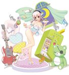  babydoll blush breasts cat cleavage guitar headphones heart heart_panties heart_print high_heels highres instrument large_breasts long_hair nitroplus official_art open_mouth panties pink_hair print_panties red_eyes shoe_dangle shoes solo super_sonico too_many too_many_cats tsuji_santa underwear window 