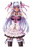  absurdres adjusting_glasses bell bells bespectacled blue_hair blush corset dark_skin demon_girl elbow_gloves garter_belt garter_straps glasses gloves highres horns legwear oni purple_eyes ribbon ribbons silver_hair smile stockings succubus thighhighs 