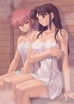 2girls bare_shoulders black_eyes black_hair blush breasts cleavage clenched_teeth female large_breasts long_hair naked_towel naughty_face purple_eyes raquel_casull red_hair scrapped_princess senes_giat short_hair shy sitting smile steam towel yuri 