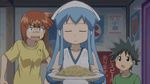  animated animated_gif black_eyes black_hair blue_eyes blue_hair dress facepalm food fruit gif hat ikamusume ink lemon long_hair lowres orange_hair plate shinryaku!_ikamusume short_hair spaghetti surprised tentacle_hair 