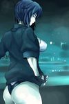  ass blue_hair breasts fingerless_gloves fukai_ryousuke ghost_in_the_shell ghost_in_the_shell_stand_alone_complex gloves highres jacket kusanagi_motoko large_breasts looking_back red_eyes short_hair sideboob solo 