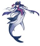  blue_hair breasts hair_ornament hair_ribbon hairband long_hair long_sleeves medium_breasts mermaid monster_girl original raglan_sleeves red_eyes ribbon shark_fin shark_girl simple_background solo task_(artist) 